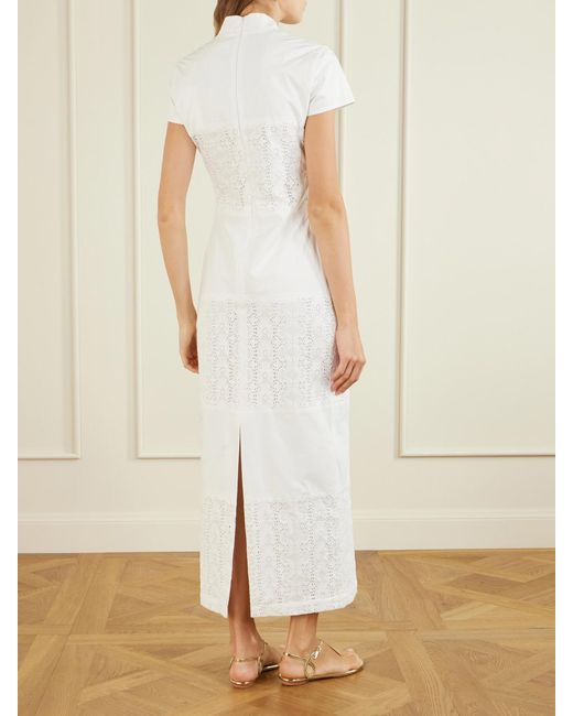 D'Estree White Clelia Paneled Broderie Anglaise-Trimmed Cotton-Poplin Midi Dress