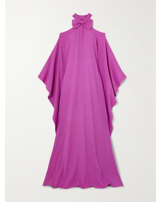 Oscar de la Renta Pink Bow-Embellished Cold-Shoulder Crepe De Chine Gown