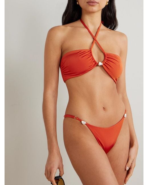 SARA CRISTINA Red Bahia Pearl-Embellished Stretch-Econyl Halterneck Bikini