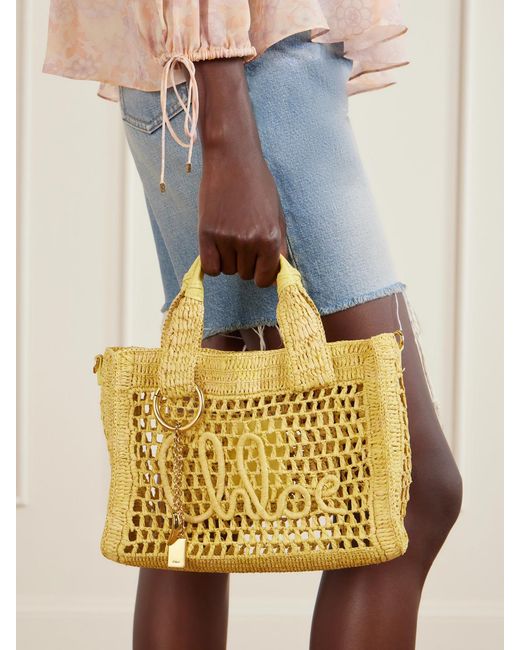 Chloé Metallic Summer Banana Leather-Trimmed Raffia Tote Bag