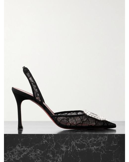 AMINA MUADDI Black Camelia Crystal-Embellished Lace Slingback Pumps