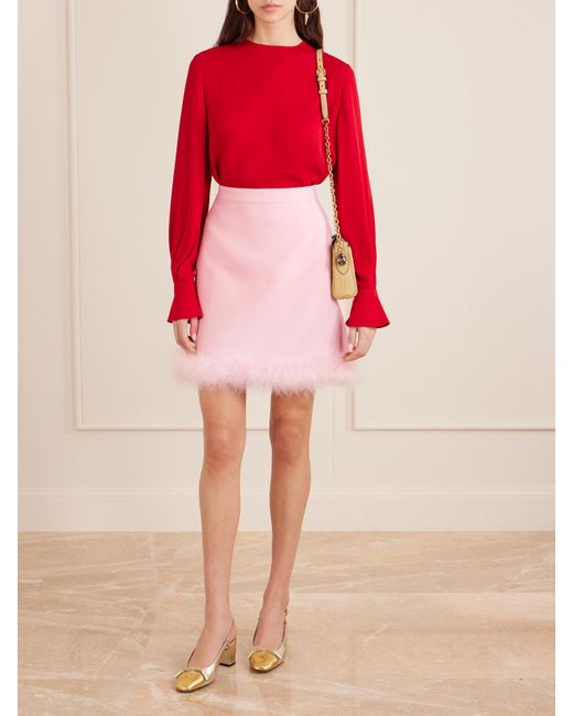 Valentino Garavani Pink Feather-Trimmed Wool And Silk-Blend Crepe Mini Skirt