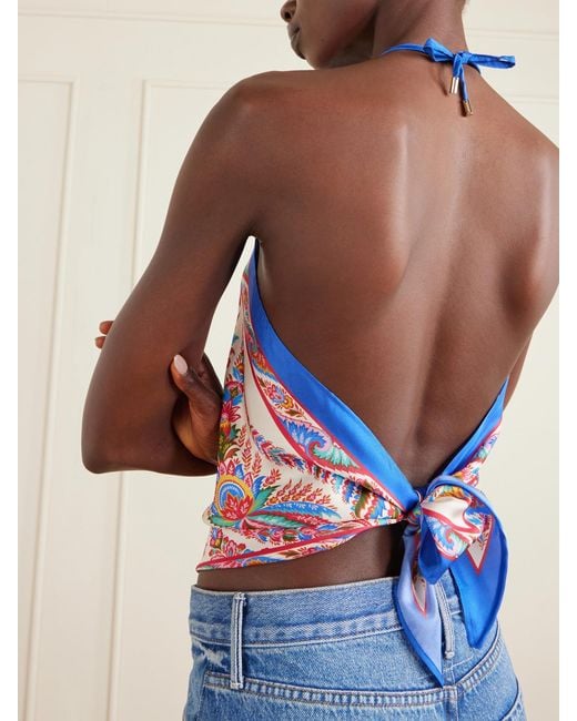 Etro Blue Cropped Printed Silk-Satin Halterneck Top