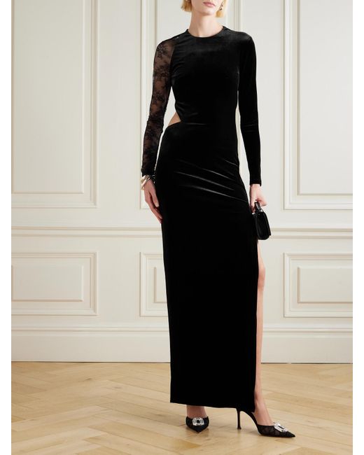 Self-Portrait Black Lace-Paneled Velvet Maxi Dress