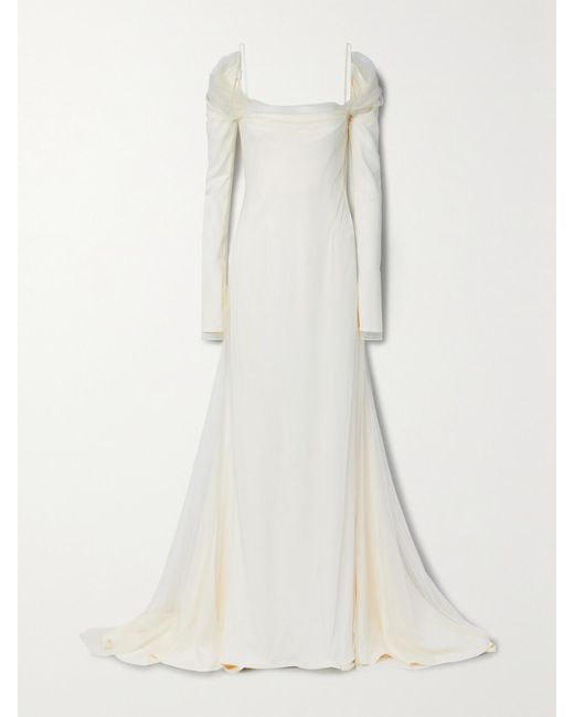 Danielle Frankel White Leona Cold-Shoulder Cady And Tulle Gown