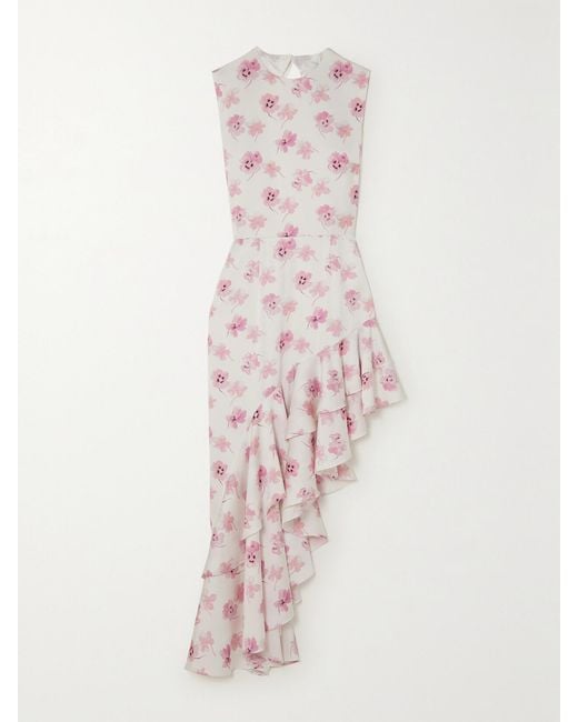 Les Rêveries Pink Open-Back Asymmetric Floral-Print Satin Midi Dress