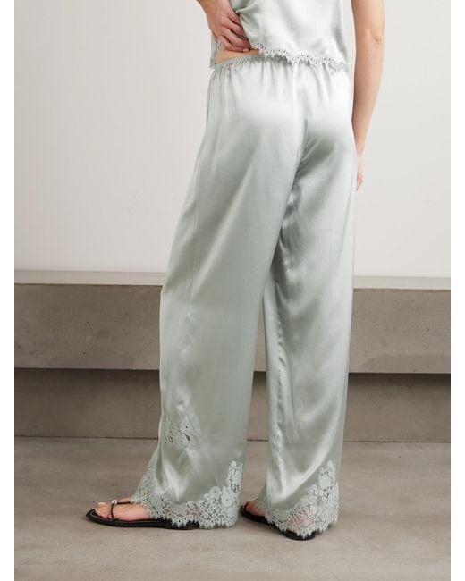 Doen White Lavon Lace-Trimmed Silk-Satin Wide-Leg Pants