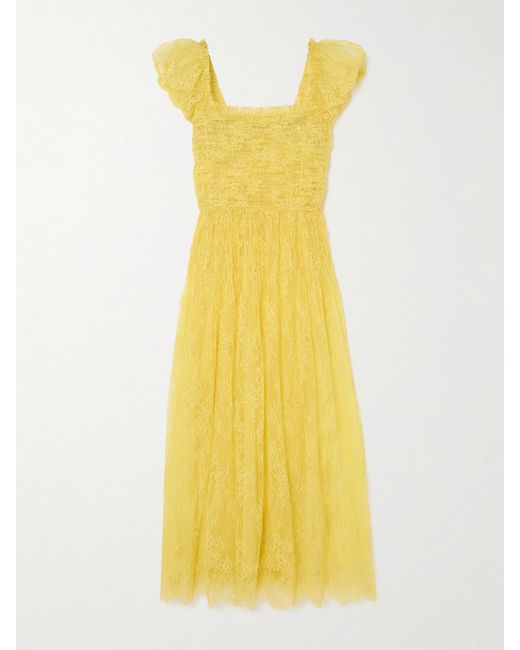 Doen Yellow Pamelina Ruffled Shirred Lace Midi Dress