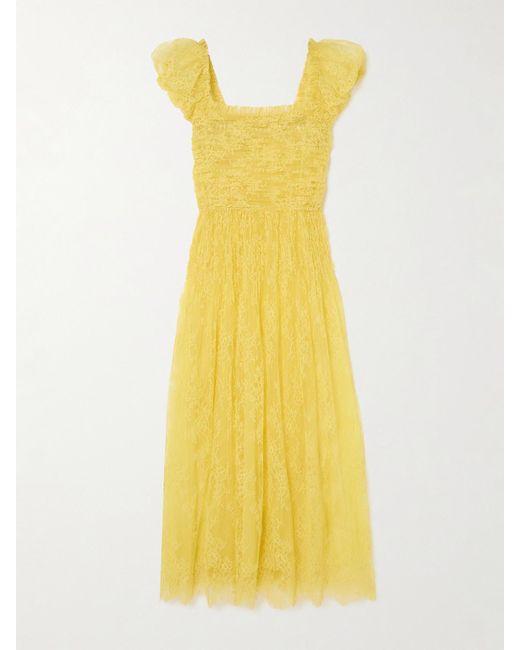 Doen Yellow Pamelina Ruffled Shirred Lace Midi Dress