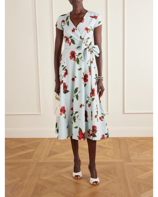 Oscar de la Renta White Floral-Print Cotton-Poplin Wrap Midi Dress