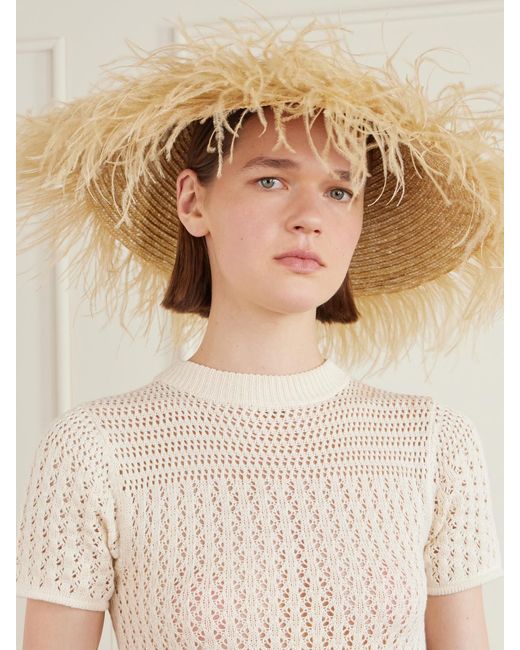 Gigi Burris Millinery Natural Harriet Feather-Trimmed Woven Raffia Sunhat