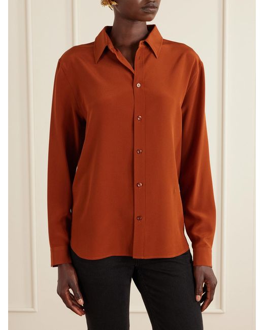 Saint Laurent Orange Logo-Embroidered Silk-Crepe Blouse