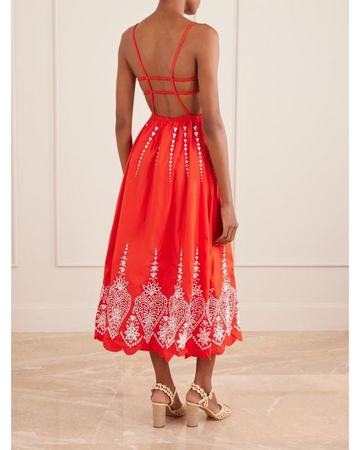 Farm Rio Red Heart Broderie Anglaise Cotton Midi Dress