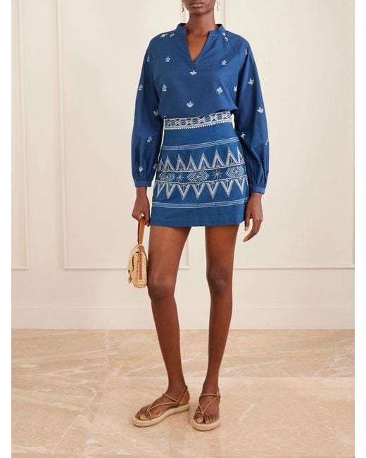 Emporio Sirenuse Blue Ilizia Embroidered Cotton And Silk-Blend Blouse