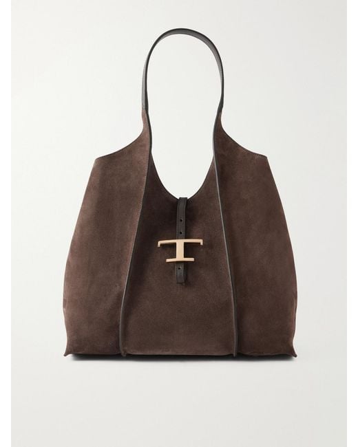Tod's Brown T Timeless Medium Suede Shoulder Bag
