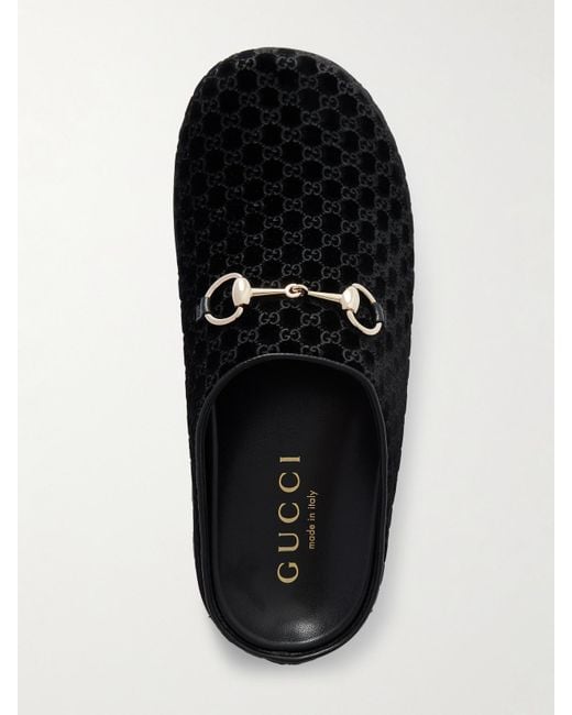Gucci White New Sol Horsebit-Detailed Leather-Trimmed Velvet Slippers
