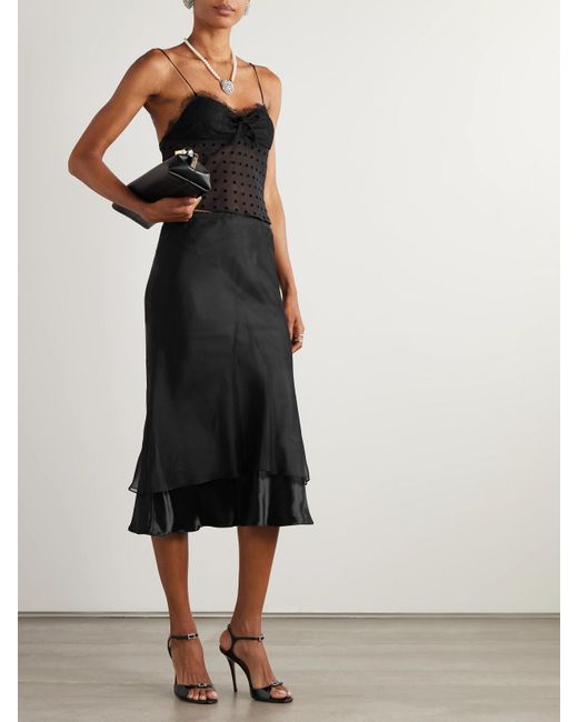 Alessandra Rich Black Top Aus Beflocktem Seiden-Georgette Mit Polka-Dots, Spitzenbesatz Und Schleife