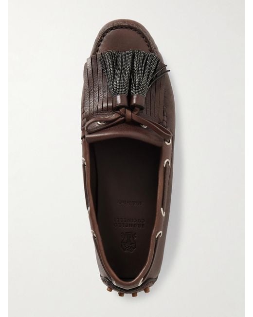 Brunello Cucinelli Brown Tasseled Fringed Bead-Embellished Leather Loafers