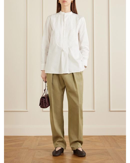 Bottega Veneta Natural Cropped Pleated Woven Tapered Pants