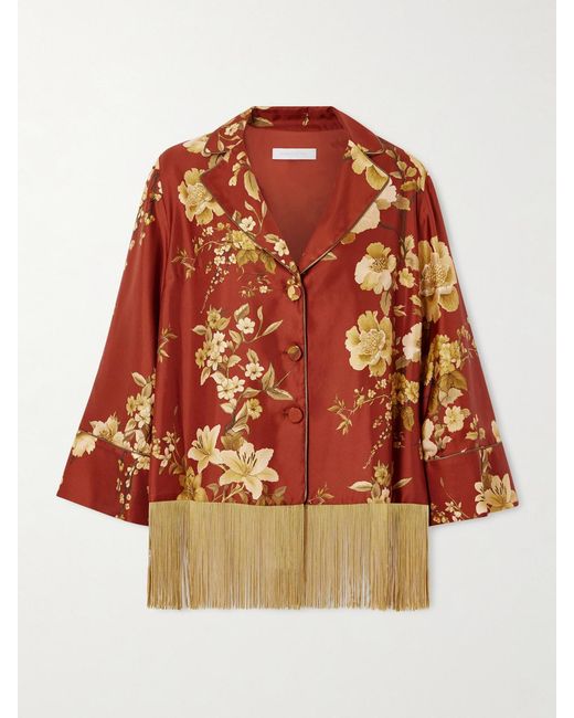 Borgo De Nor Red Calliope Fringed Floral-Print Silk-Twill Shirt