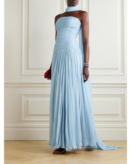 Marmar Halim Blue Strapless Scarf-Detailed Plissé Silk-Georgette Gown