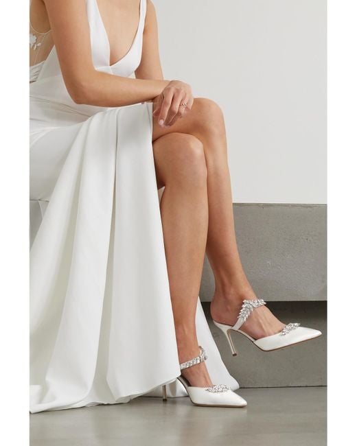 Manolo Blahnik White Lurum 90 Crystal-Embellished Satin Mules
