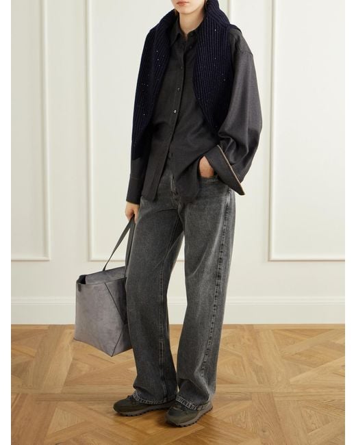 Brunello Cucinelli Brown Shearling-Trimmed Shell And Suede Sneakers