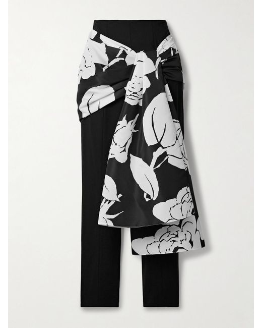 Carolina Herrera White Draped Floral-Print Faille And Crepe Slim-Leg Pants