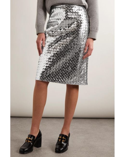 Bottega Veneta White Intrecciato Metallic Crinkled-Leather Skirt