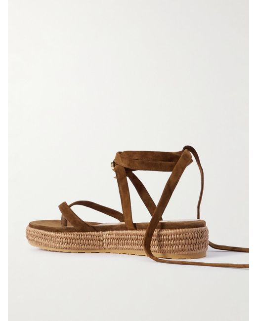 Gianvito Rossi Brown Yasmine Embellished Raffia-Trimmed Suede Sandals