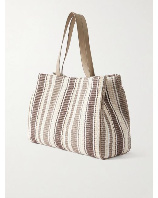 Brunello Cucinelli Natural Striped Leather-Trimmed Raffia Tote