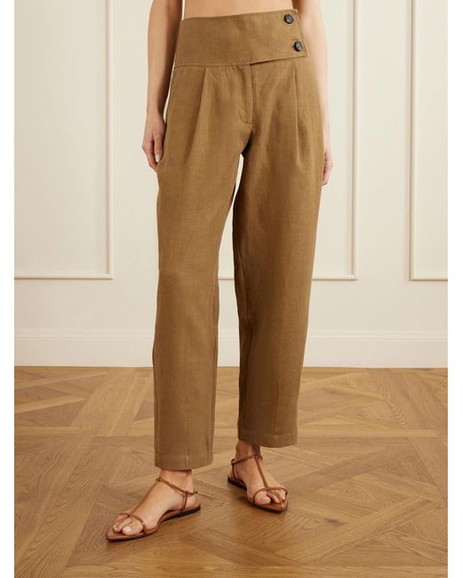 LeKasha Natural Dafash High-Rise Pleated Linen Straight-Leg Pants