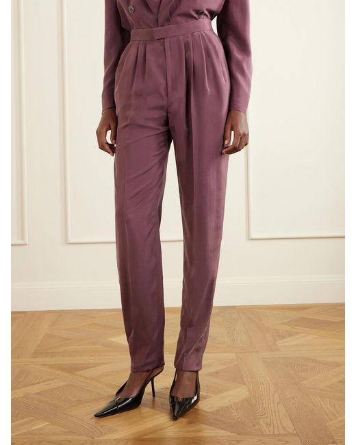 Saint Laurent Blue Pleated Silk-Habotai Straight-Leg Pants