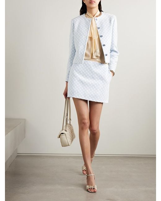 Gucci Blue Verkürzte Jacke Aus Bouclé-Tweed Aus Einer Baumwollmischung Mit Jacquard-Muster
