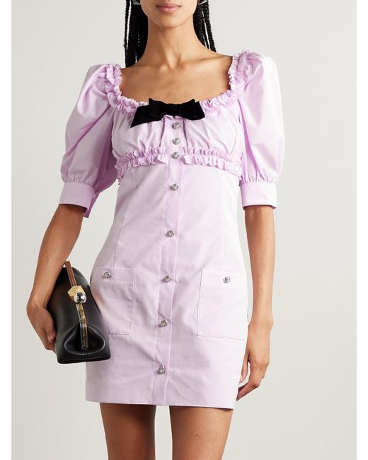 Alessandra Rich Pink Velvet-Trimmed Ruffled Cotton-Poplin Mini Dress