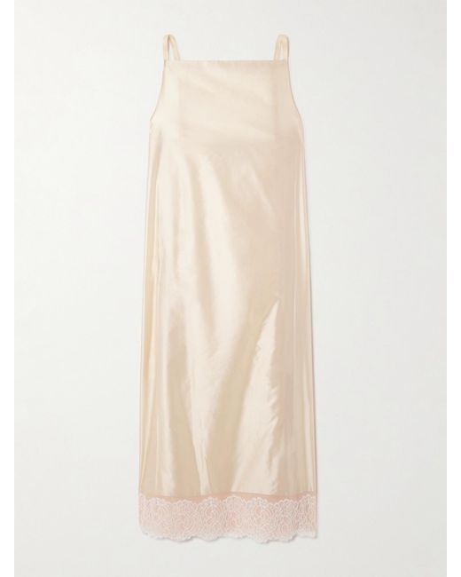Carven Natural Chantilly Lace-Trimmed Satin Midi Dress