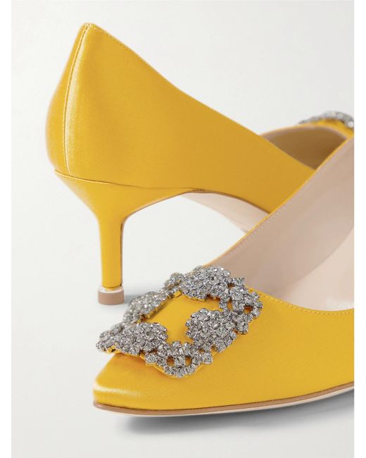 Manolo Blahnik Yellow Hangisi 50 Crystal-Embellished Satin Pumps