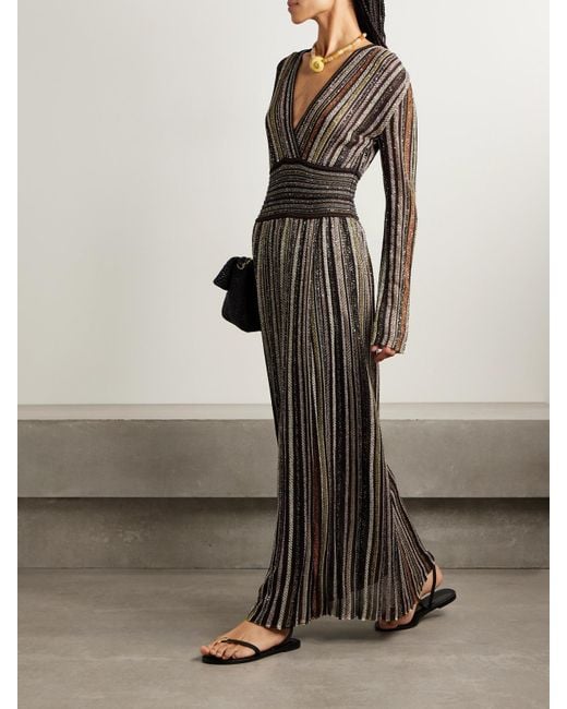Missoni Black Maxikleid Aus Gestreiftem Jersey Mit Pailletten Und Wickeleffekt