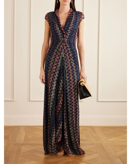 Missoni Blue Gathered Striped Crochet-Knit Maxi Dress