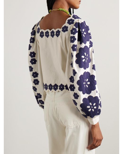 Sea Blue Catrine Tie-Front Scalloped Appliquéd Cotton-Voile Blouse