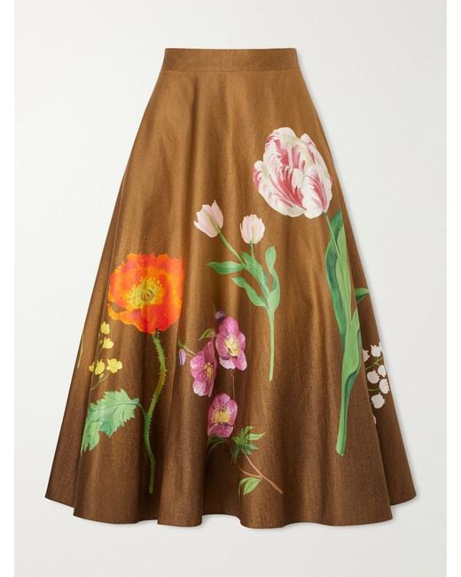 Oscar de la Renta Brown Floral-Print Cotton-Poplin High-Waist Midi Skirt