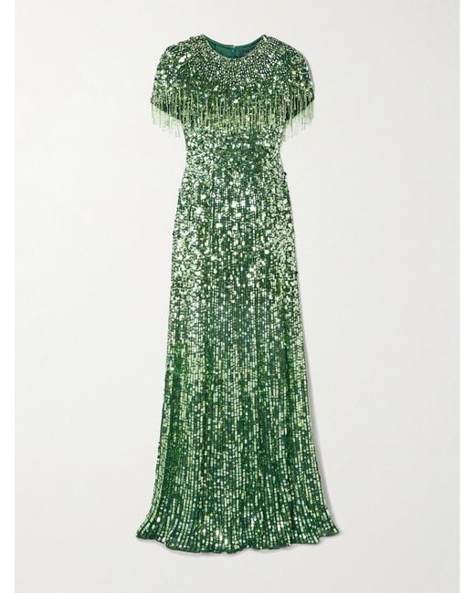 Jenny Packham Green Eugenie Fringed Cape-Effect Embellished Satin Gown