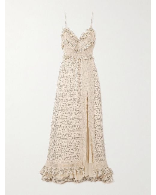 Valentino Garavani Natural Lace-Trimmed Ruffled Polka-Dot Silk-Georgette Gown