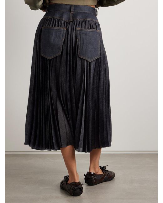 Sacai Blue Denim-Trimmed Pleated Printed Crepe De Chine Midi Wrap Skirt