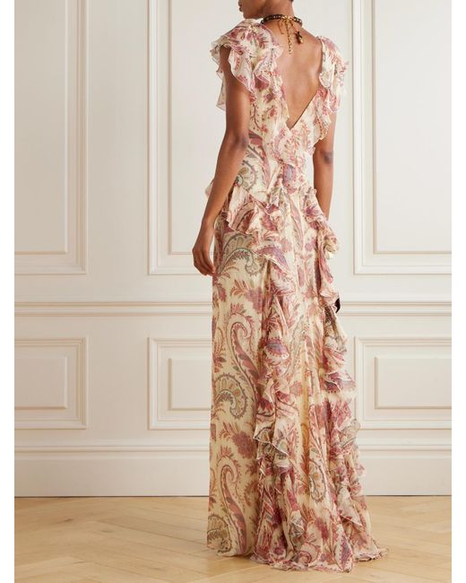 Etro Natural Ruffled Printed Silk-Crepon Maxi Dress