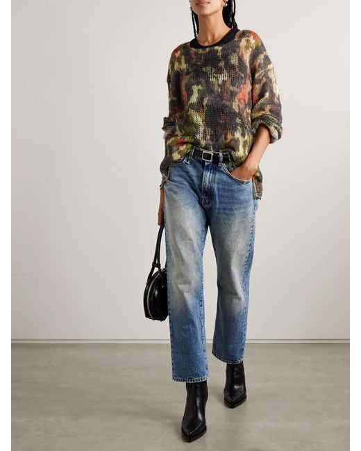 R13 Green Boyfriend Distressed Camouflage-Print Open-Knit Sweater