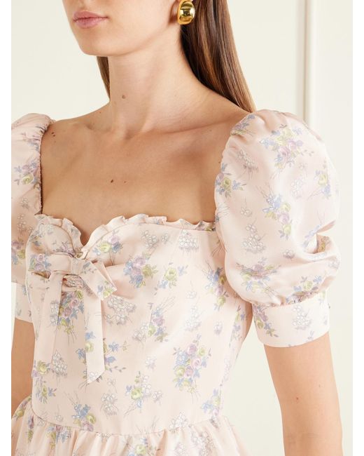 Alessandra Rich Natural Floral-Print Silk-Satin Midi Dress