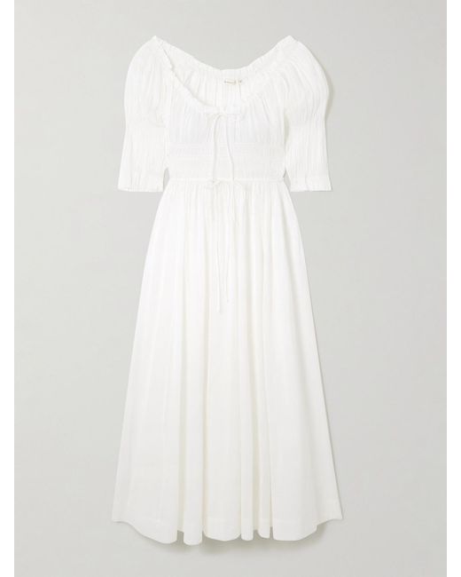 Doen White + Net Sustain Ischia Shirred Organic Cotton-voile Midi Dress