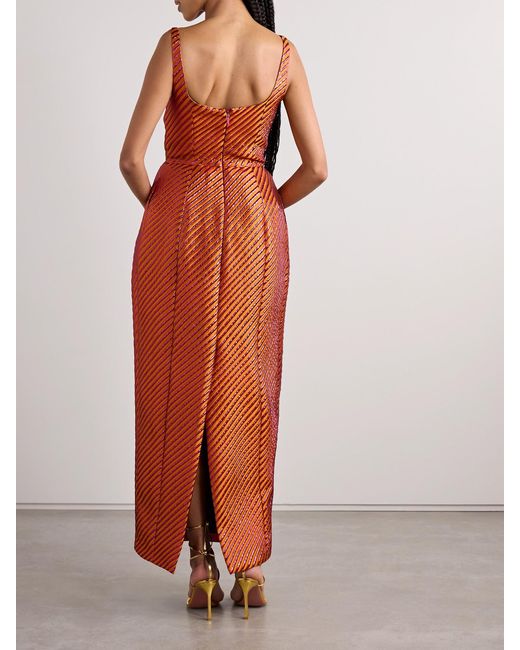 Christopher John Rogers Orange Pleated Striped Metallic Jacquard Maxi Dress