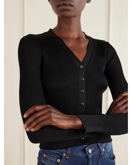 Saint Laurent Blue Ribbed Lace-Trimmed Wool, Cashmere And Silk-Blend Cardigan